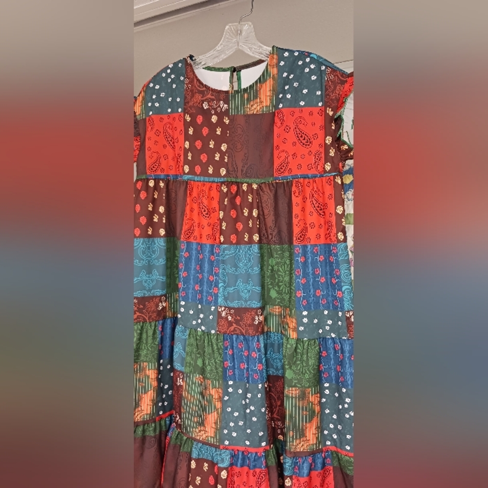 SHEIN Multicolor Patchwork Midi Dress - Red, Blue, Green, Brown - Picture 2 of 5